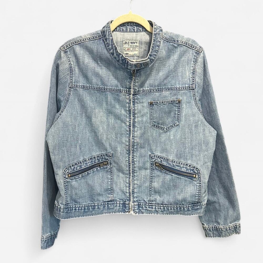 Vintage Old Navy 90s Minimalist French Chic Zip Up Denim Jacket - Picture 4 of 8